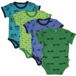 Pippi Kurzarm Body Blau/grün Bagger & Flugzeuge 4er Pack Baumwolle