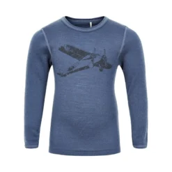 Celavi Wollshirt Jeansblau Mit Flugzeug Unterhemd Merino Schurwolle