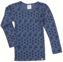 Celavi Langarmshirt Blau Melange Elche Unterhemd Wolle